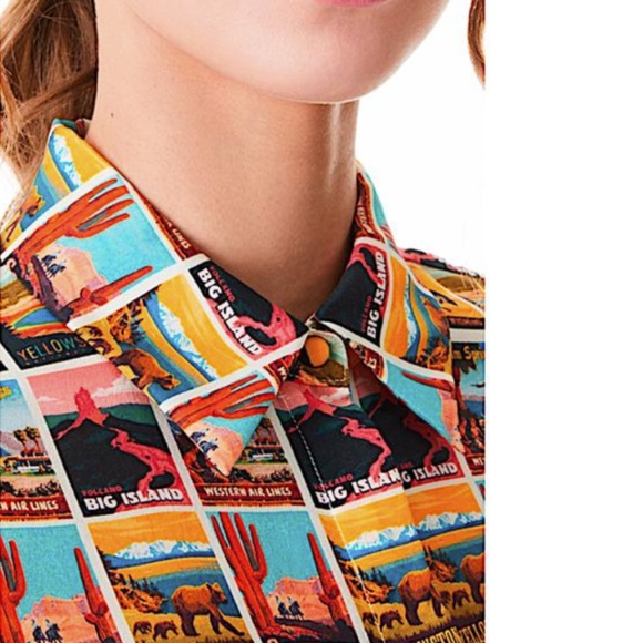 Alice + Olivia Western Postcard with Tag Print Silk Shirt Button-down Top - Picture 9 of 15